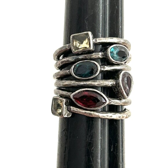 Bundle Lot of 6 Hammered Stacking Silver Gun Metal Crystal Colorful Stone Rings - Picture 8 of 9